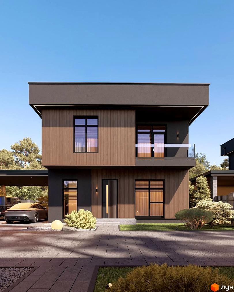 Котеджне містечко Виноградна 2: двоповерховий будинок з дерев'яними та сірими фасадами, великими вікнами та балконом, на тлі блакитного неба. Прибудинкова територія з доглянутим газоном, кущами та вимощеним подвір'ям з автомобілем.