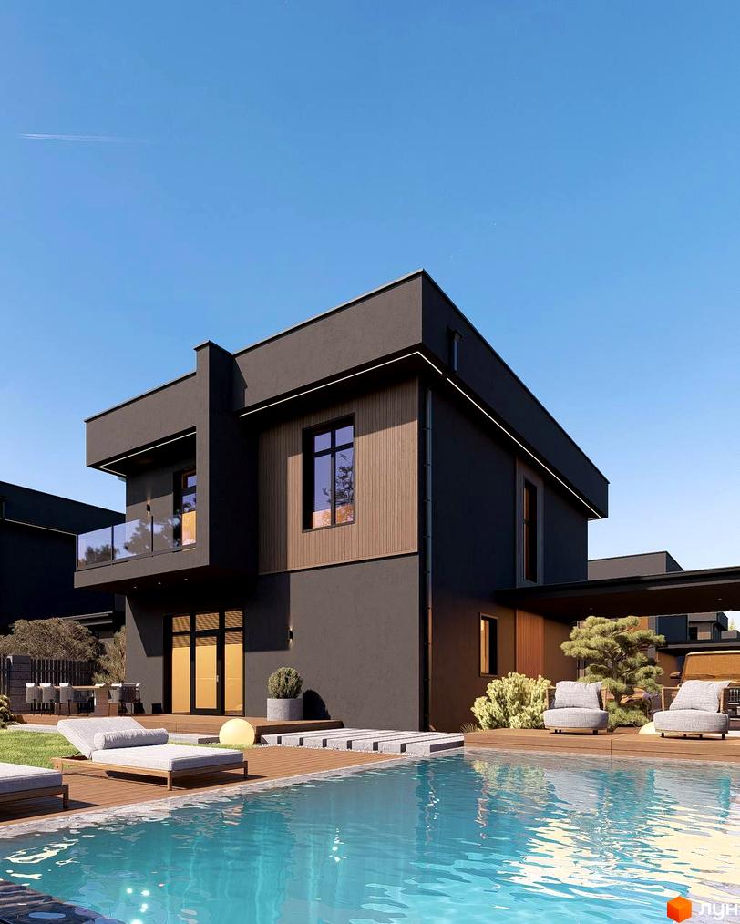 Сучасний котеджний комплекс КМ Виноградна 2 з басейном та зоною відпочинку. Просторий двір з шезлонгами та зеленню.