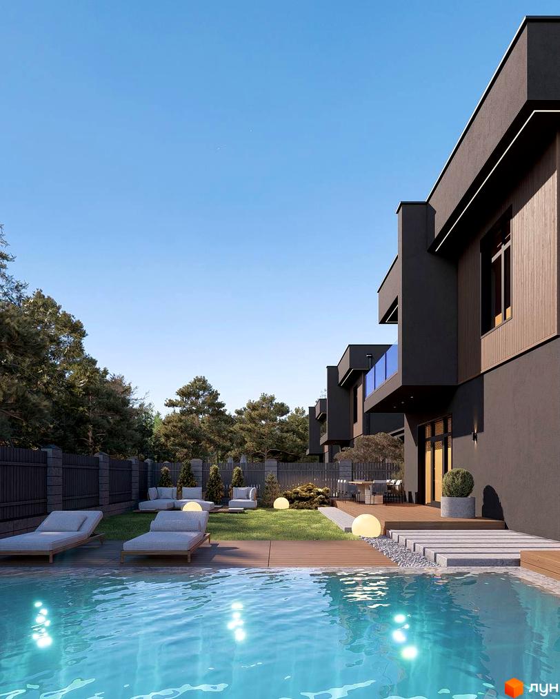 Котеджне містечко Виноградна 2: сучасні будинки з дерев'яними елементами та зоною відпочинку біля басейну з шезлонгами.