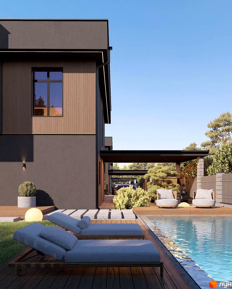 Котеджне містечко Виноградна 2: будинок з темним фасадом та дерев'яною обшивкою. На території розташований басейн та зона відпочинку.