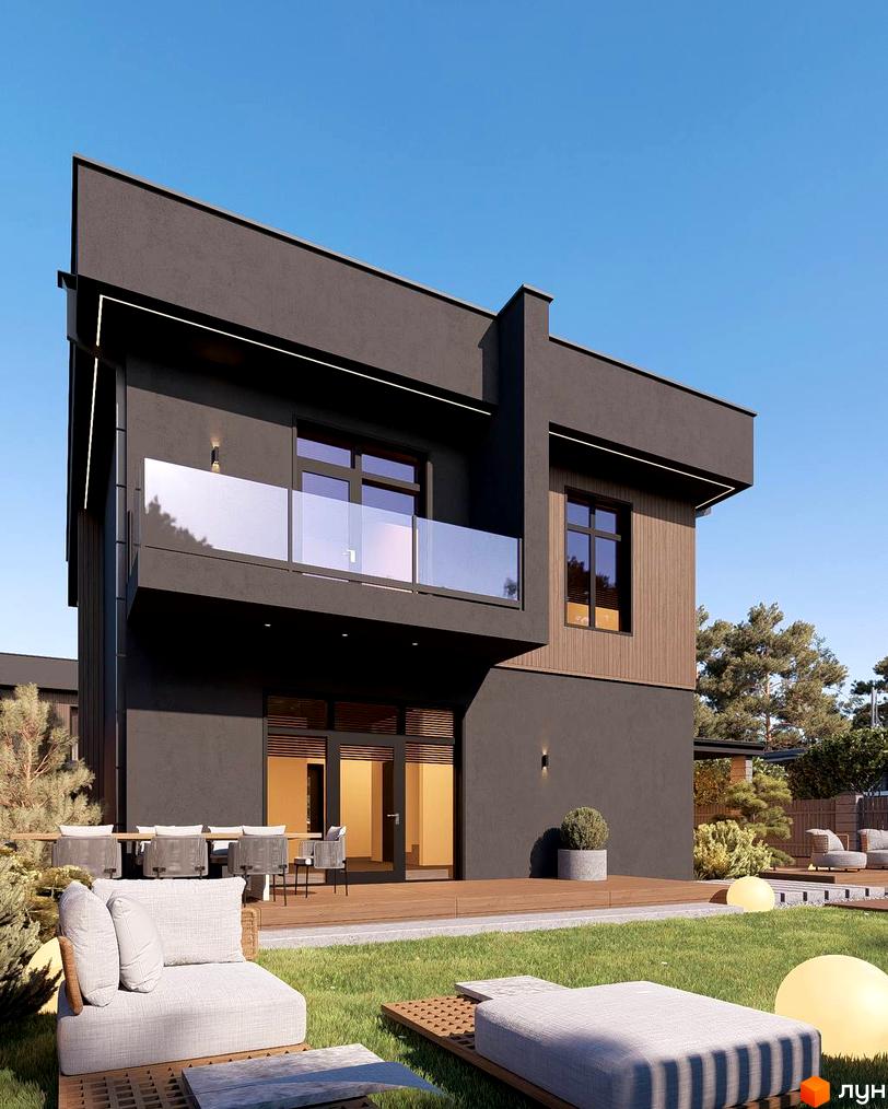 Котеджне містечко Виноградна 2: двоповерховий будинок з темним фасадом, скляною огорожею балкона та дерев'яними елементами. Прибудинкова територія з газоном, лежаками та зоною відпочинку.