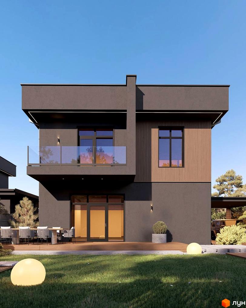 Котеджне містечко Виноградна 2: двоповерховий будинок з панорамними вікнами, скляним балконом та терасою. Навколо будинку зелений газон та дерева.