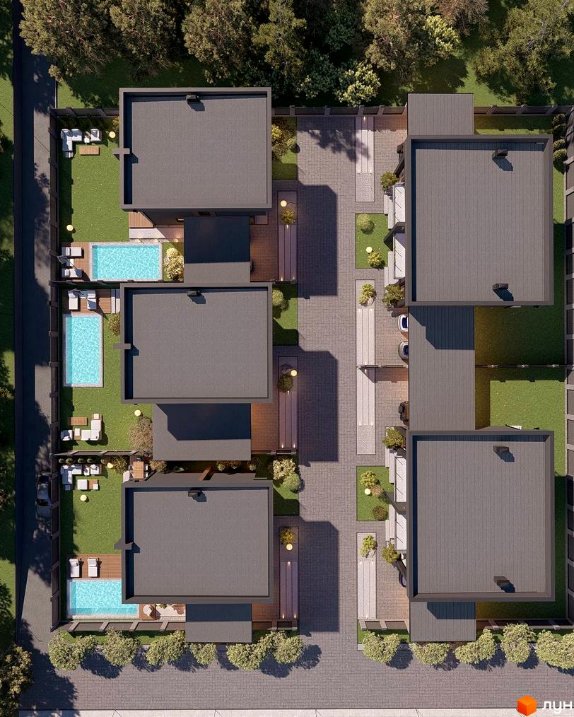 Котеджне містечко Виноградна 2: вид зверху на будинки з пласкими дахами та приватними басейнами, зеленою зоною та зонами відпочинку.