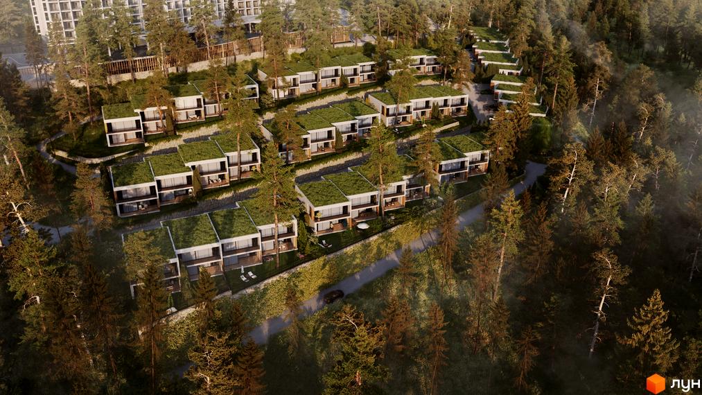Котеджне містечко КМ Mountain Residence premium villas&spa з зеленими дахами, розташоване на схилі серед соснового лісу. На території видно доріжки, тераси та зони відпочинку.