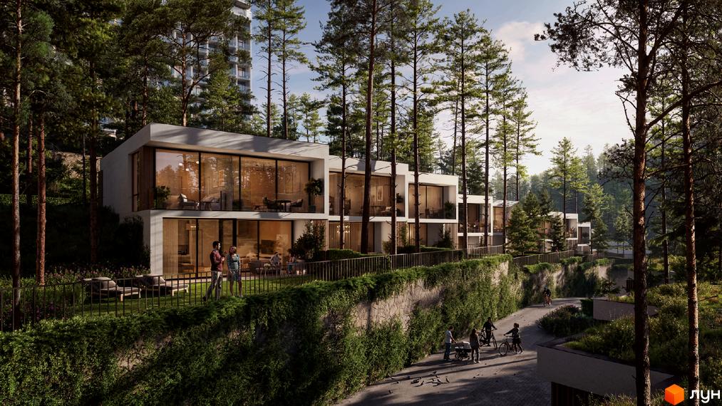 Котеджне містечко КМ Mountain Residence premium villas&spa з панорамними вікнами та терасами, розташоване серед високих сосен. На прибудинковій території облаштовані зони відпочинку та доріжки для прогулянок.