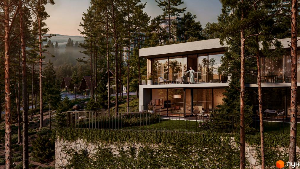 Котеджне містечко Mountain Residence premium villas&spa - двоповерхові будинки з панорамними вікнами серед соснового лісу. Прибудинкова територія з зеленими газонами та кам'яною огорожею.