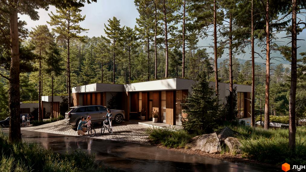 Котеджне містечко KM Mountain Residence premium villas&spa: двоповерхові будинки з пласкими дахами, дерев'яними фасадами та великими вікнами, розташовані серед соснового лісу з прибудинковою територією та зоною відпочинку.