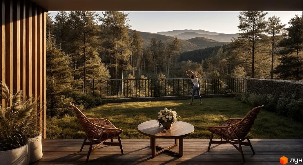 Котеджне містечко Mountain Residence premium villas&spa з терасою, що виходить на ліс та гори. На прибудинковій території розташовані зони відпочинку з плетеними меблями.