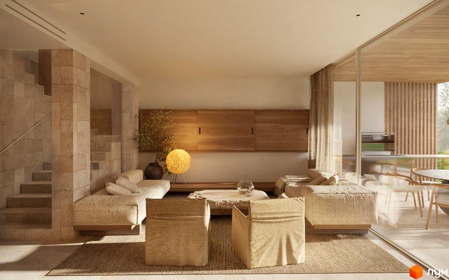 Інтер'єр вітальні в Котеджному містечку Mountain Residence premium villas&spa з каміном, диванами та великими вікнами. Просторий зал з натуральними матеріалами та природним освітленням.