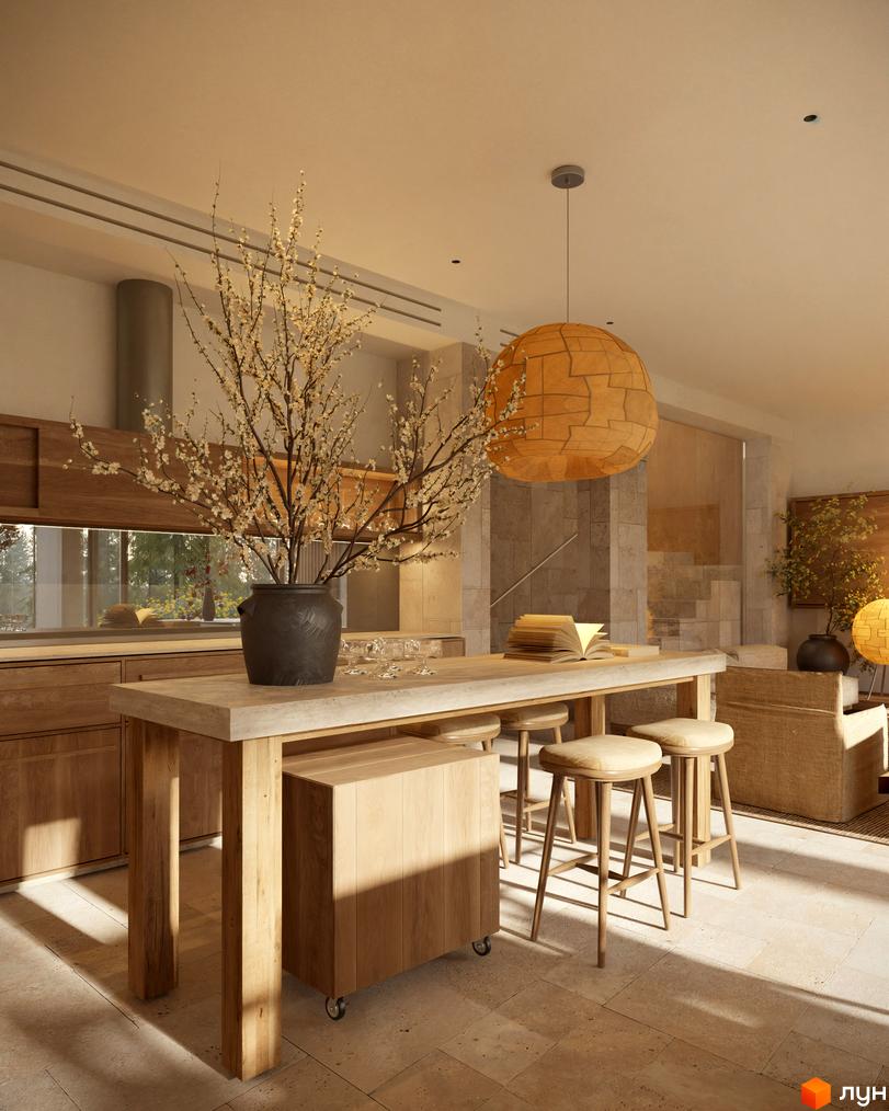 Інтер'єр кухні-вітальні в Котеджне містечко Mountain Residence premium villas&spa з дерев'яними елементами та великою кількістю світла. Простора обідня зона з барними стільцями біля острова.