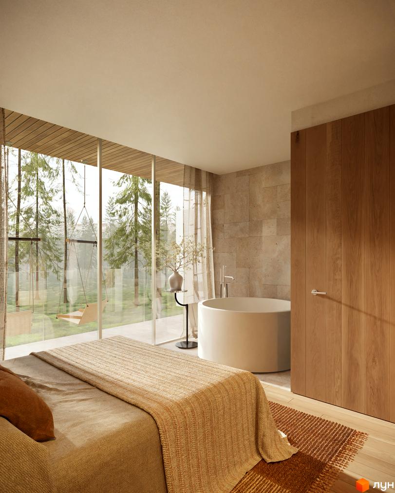 Інтер'єр спальні з ванною в КМ Mountain Residence premium villas&spa, великі вікна з видом на ліс та гойдалку.