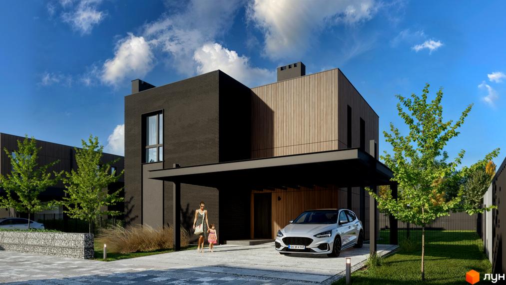 Двоповерховий будинок з темною цегляною обробкою та дерев'яними панелями. Перед будинком розташована крита парковка та доглянутий газон.