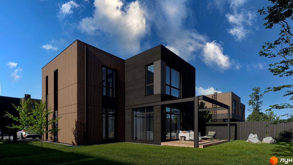 Двоповерховий будинок Котеджного містечка AtHome з комбінованим фасадом та великими вікнами. Перед будинком зелена галявина з деревами та облаштована тераса.