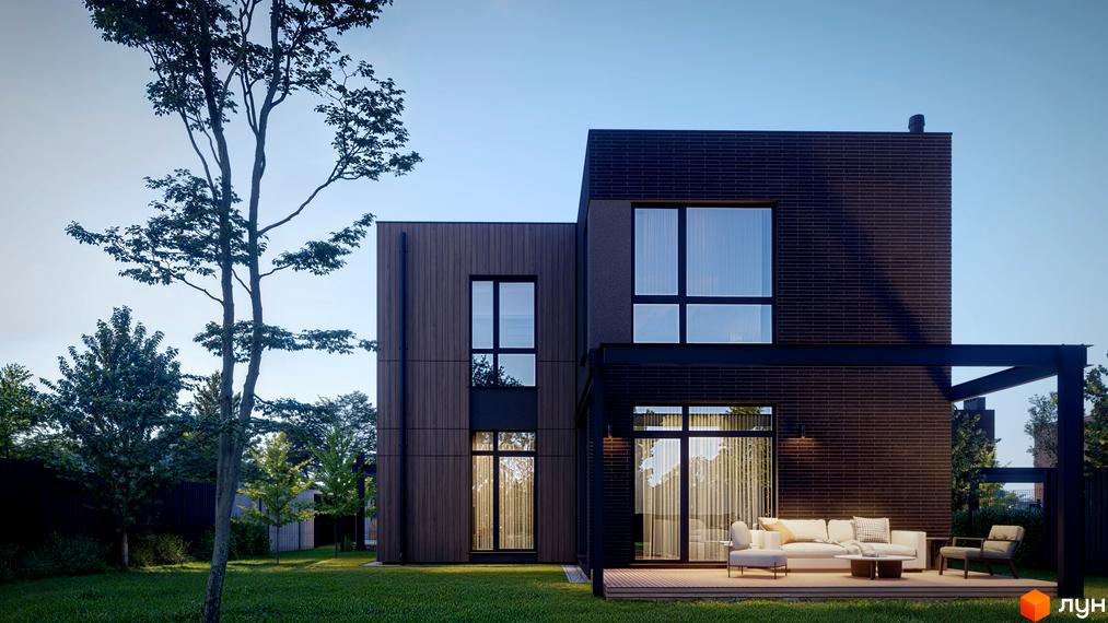 Котеджне містечко AtHome: двоповерховий будинок з темної цегли та дерев'яних панелей, з великими вікнами та терасою. Навколо зелений газон та дерева.