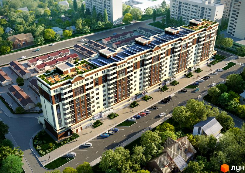 Зовнішній вигляд багатоповерхового будинку ЖК Соборний з коричневими та білими фасадами, сонячними панелями на даху та прибудинковою територією з парковкою та зеленими насадженнями.