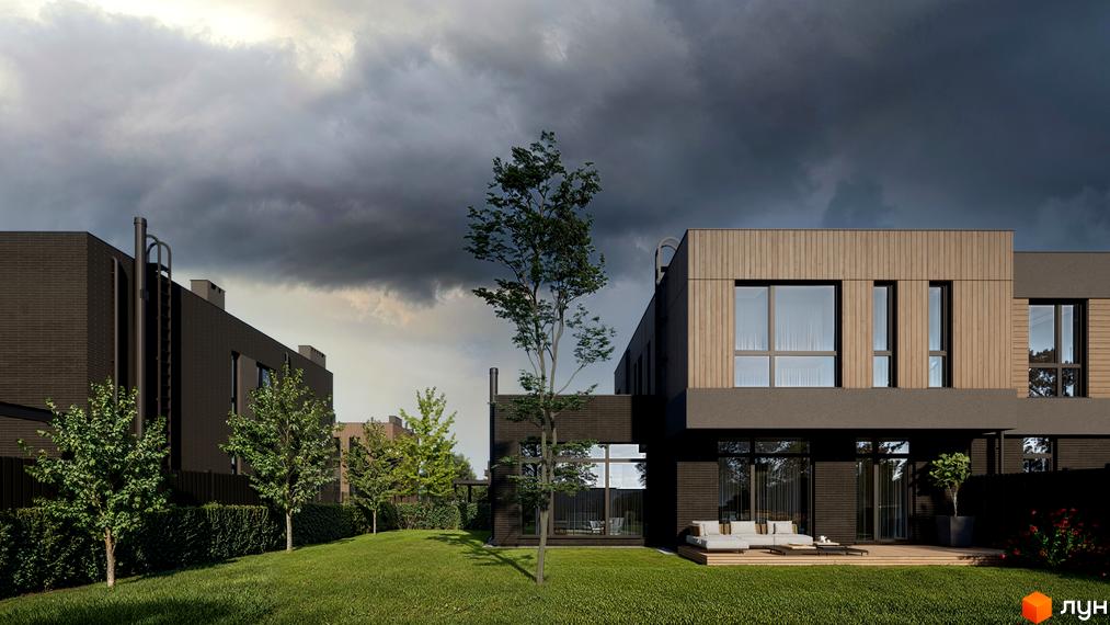 Двоповерховий будинок з дерев'яним оздобленням фасаду, великими вікнами та терасою. На території газон, дерева та квіти, темне небо.