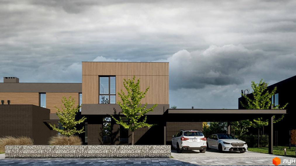 Будинок в Котеджному містечку AtHome з фасадом з темної цегли та світлих панелей, великими вікнами, габіонною стіною та навісом для двох автомобілів.