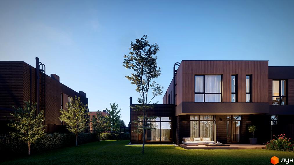 Будинки Котеджного містечка AtHome з темною цеглою та дерев'яними фасадами, великими вікнами. Перед будинками зелений газон, доглянуті дерева та тераса з меблями.