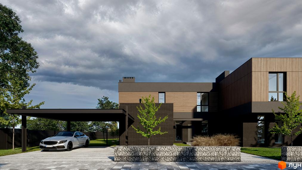 Зовнішній вигляд будинку в Містечку котеджів AtHome з темним фасадом та парковкою для авто. На передньому плані газон та кам'яний паркан.