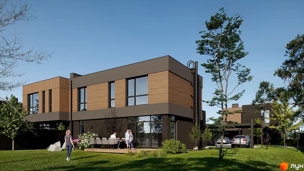 Двоповерхові будинки Котеджного містечка AtHome з комбінованими фасадами та великими вікнами. Прибудинкова територія з газоном, деревами та терасою.