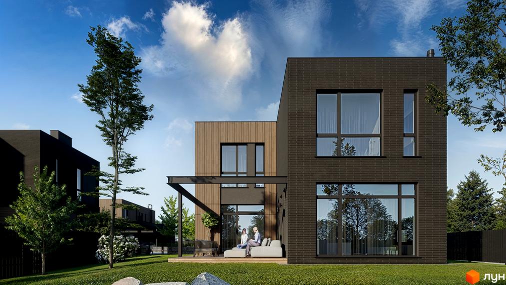 Котеджне містечко AtHome. Темний цегляний будинок з великими вікнами та дерев'яними елементами, оточений зеленим газоном та деревами.