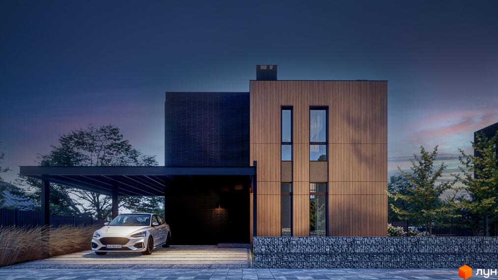 Котеджне містечко AtHome: будинок з комбінованим фасадом з темної цегли та дерев'яних панелей, вертикальними вікнами, навісом для авто та габіонною огорожею.