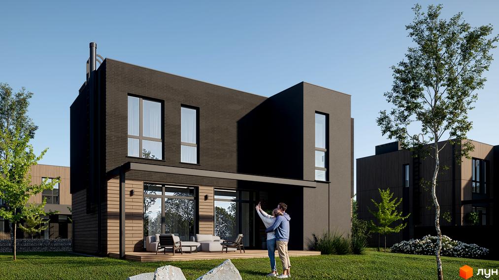 Двоповерховий будинок з темної цегли з великими вікнами та терасою. На прибудинковій території газон, дерева та люди.