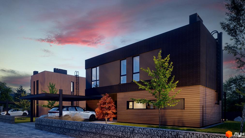 Котеджне містечко AtHome: двоповерхові будинки з темним фасадом та дерев'яним оздобленням. На території є навіси для авто та зелені насадження.