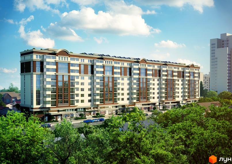 Зовнішній вигляд новобудови ЖК Соборний з великою кількістю вікон та коричневими елементами фасаду. Навколо будинку розташовані дерева та дорога з автомобілями.