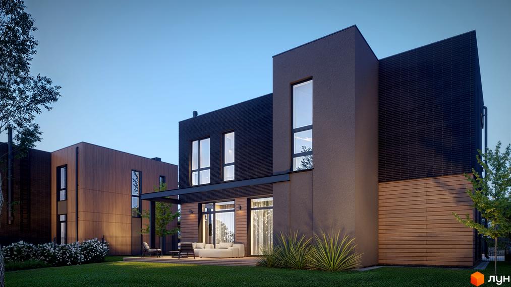 Зображення сторінки житлового комплексу KM AtHome. Будинки з темної цегли та дерева з великими вікнами, тераса з диваном та зелена галявина.