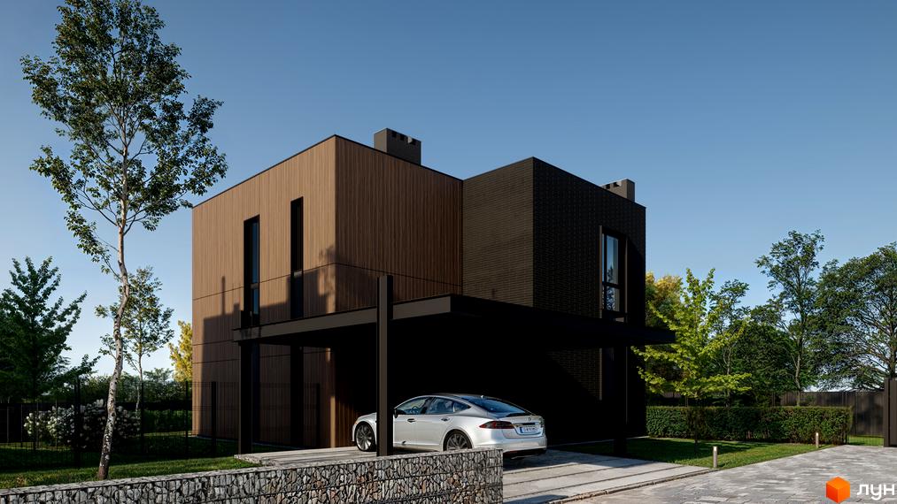 Котеджне містечко AtHome: будинок з цегляним та дерев'яним фасадом, чорний навіс для авто. Прилегла територія має газон, дерева та кам'яну огорожу.