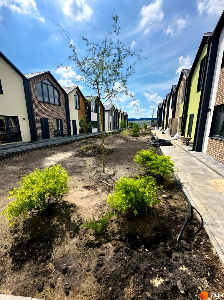 Зображення сторінки житлового комплексу Сітіхауси PRO MISTO. Будинки з цегляною та світлою обробкою, з темними вікнами та дахами. На території висаджені кущі та дерева.