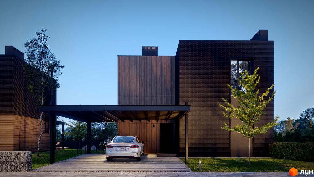 Зображення будинку KM AtHome з темної цегли та дерева з критим паркуванням, біля якого стоїть білий автомобіль. На подвір'ї газон та дерева.