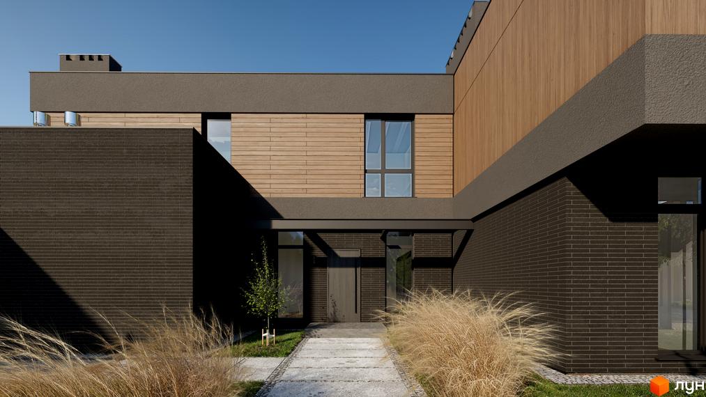 Фасад будинку Котеджного містечка AtHome виконаний з темної цегли та світлого дерева з великими вікнами. До входу веде доріжка, оточена декоративними травами.