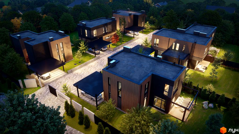 Котеджне містечко AtHome. Будинки з темними фасадами та плоскими дахами, поруч з будинками розташовані криті паркомісця, доріжки викладені бруківкою, навколо зелені насадження.