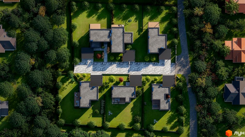 Зображення житлового комплексу KM AtHome. Малоповерхові будинки з плоскими дахами розташовані серед зелених газонів та дерев, з доріжками для пішоходів.