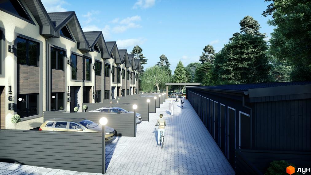 Таунхауси 40 Estates - сучасна архітектура, фасади з декоративними елементами, огороджена прибудинкова територія з паркуванням та зеленими насадженнями.