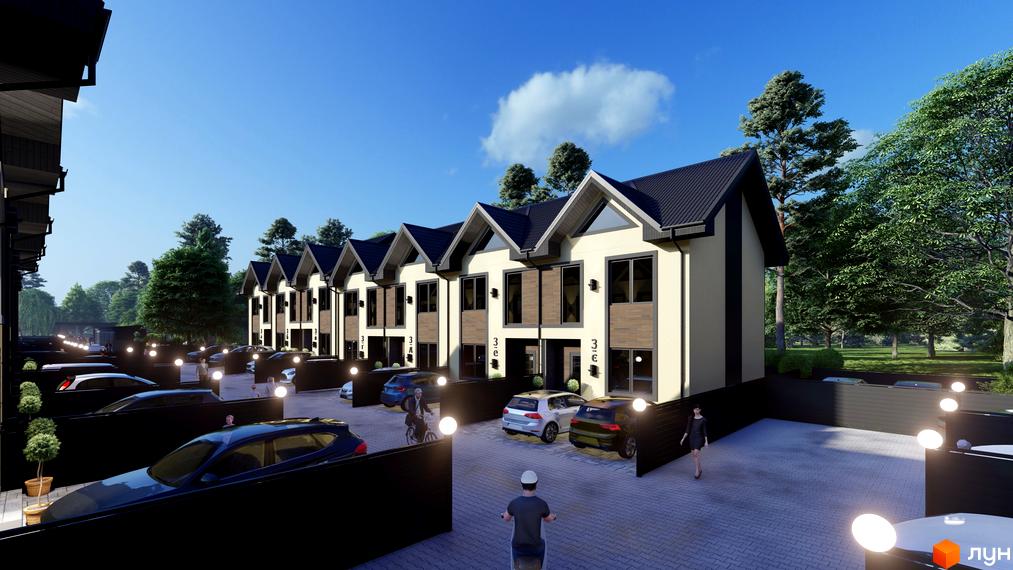 Зовнішній вигляд таунхаусів 40 Estates з парковкою та зеленими насадженнями. Сучасний житловий комплекс з акуратними фасадами та прибудинковою територією.