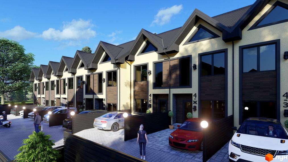 Зовнішній вигляд таунхаусів 40 Estates з паркінгом та зеленими насадженнями. Сучасна архітектура новобудови.