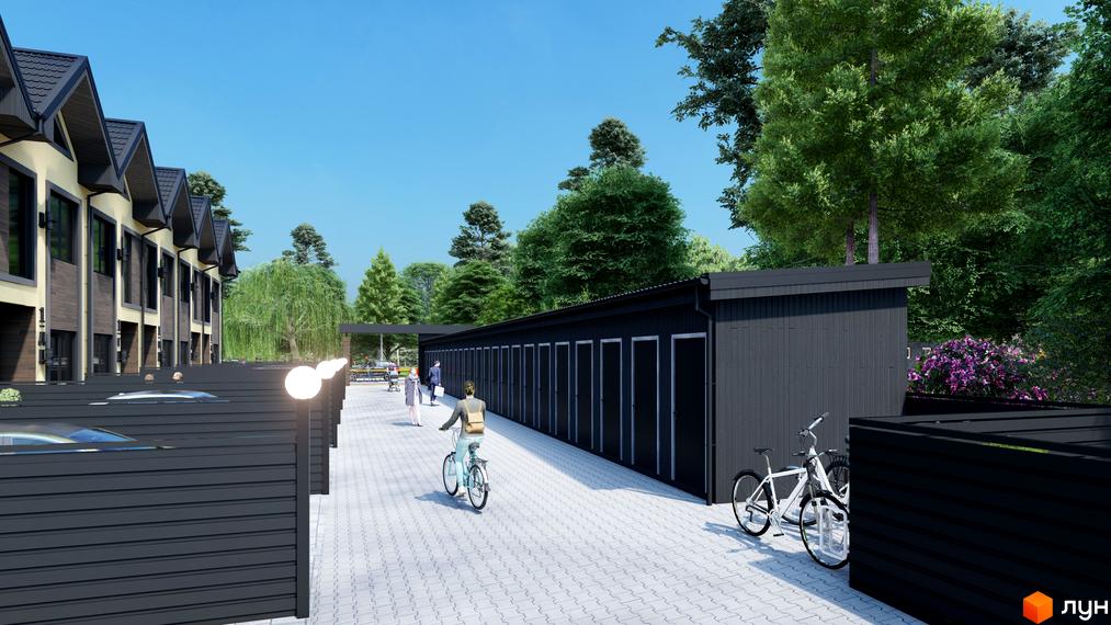 Таунхауси 40 Estates з акуратними фасадами та прибудинковою територією з парковкою та велодоріжками. На території комплексу розташовані гаражні бокси та зелені насадження.