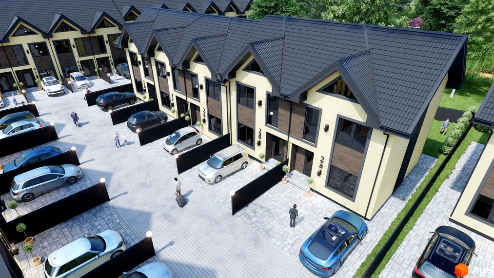 Зовнішній вигляд таунхаусів 40 Estates з сірими дахами та світлими фасадами, прибудинкова територія з парковкою та зеленими зонами.