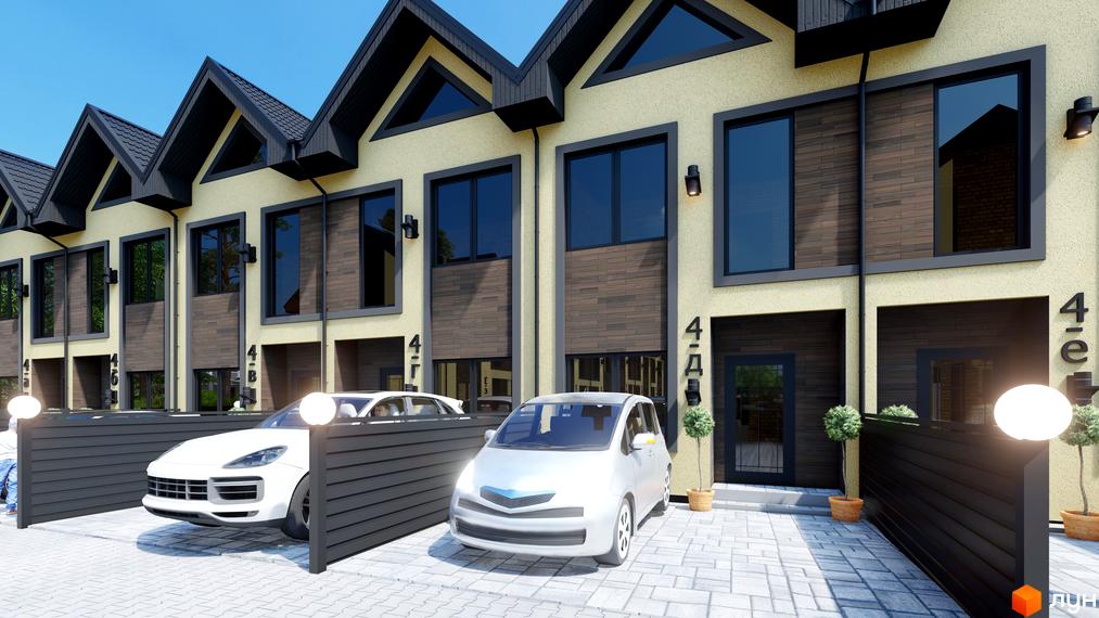 Таунхауси 40 Estates - це сучасні будинки з темними дахами та світлими фасадами, розташовані на брукованій території з автомобілями та зеленими насадженнями.