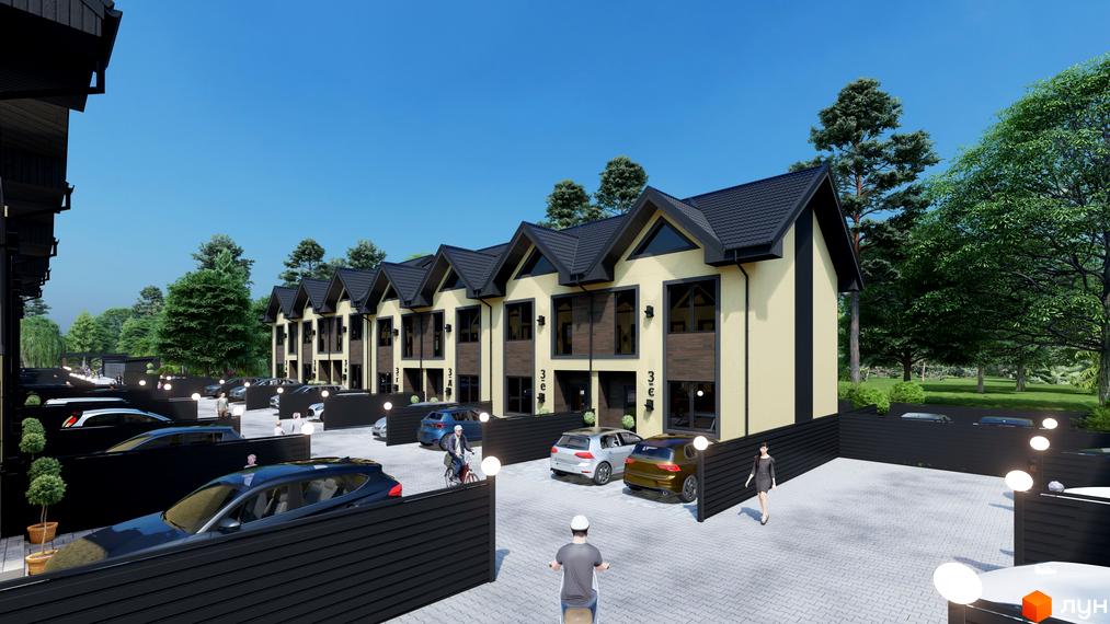 Зовнішній вигляд таунхаусів 40 Estates з темними дахами та світлими фасадами, розташованих на брукованій території з автомобілями та зеленими насадженнями.