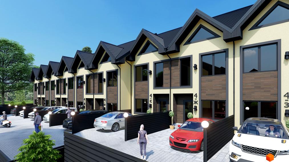 Таунхауси 40 Estates - це сучасні будинки з темними дахами та світлими фасадами, розташовані на закритій території з парковкою.
