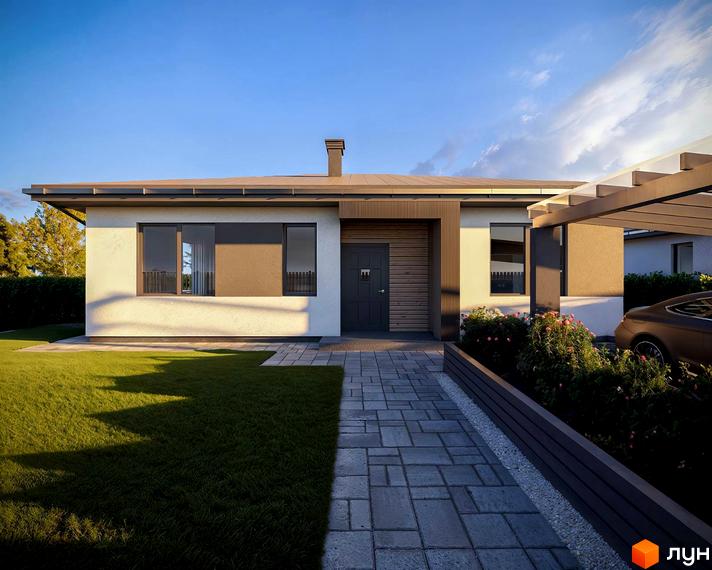 Сучасний одноповерховий будинок з великими вікнами та навісом для авто. Прибудинкова територія з доглянутим газоном та квітником.