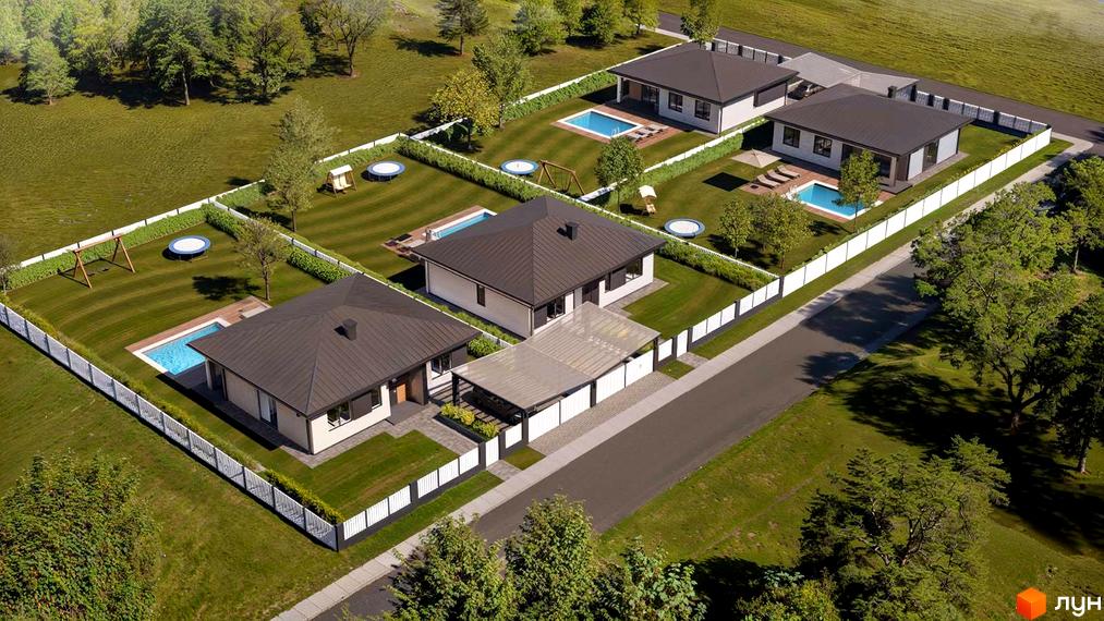 Сучасні одноповерхові будинки з басейнами та зеленими ділянками на вулиці Козацькій. Комплекс має дитячі майданчики та зони відпочинку.