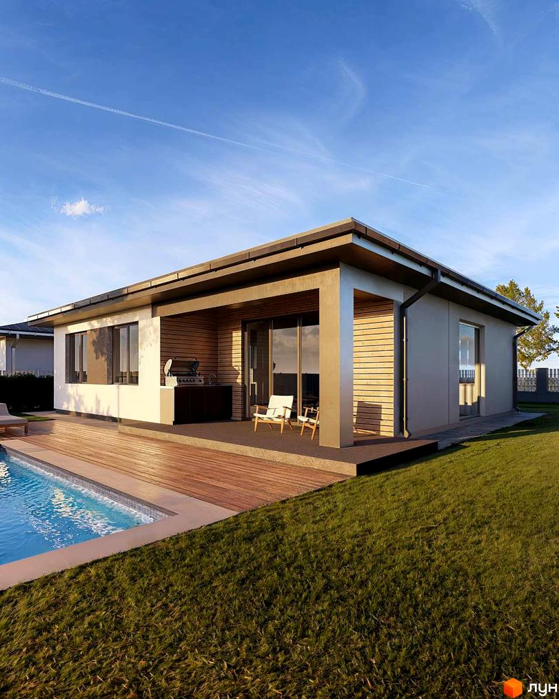 Сучасний одноповерховий будинок з дерев'яною терасою та басейном. Прибудинкова територія з доглянутим газоном.