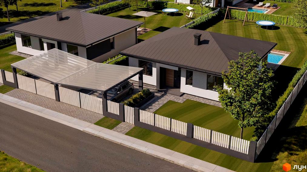 Зовнішній вигляд будинку з коричневим дахом та білими стінами, прибудинкова територія з парканом, басейном та зеленим газоном на вул. Козацька.