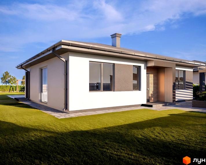 Одноповерховий будинок з білою фасадною штукатуркою та сірим дахом на вулиці Козацькій. Навколо будинку доглянутий зелений газон та бруківка.