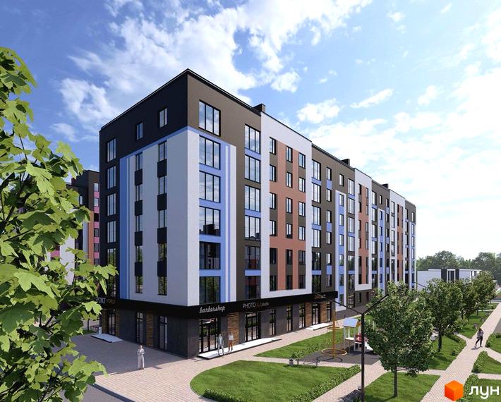 Зовнішній вигляд житлового комплексу Династія з фасадами у різних кольорах та великою кількістю вікон. На прибудинковій території розташовані зелені зони та дитячий майданчик.